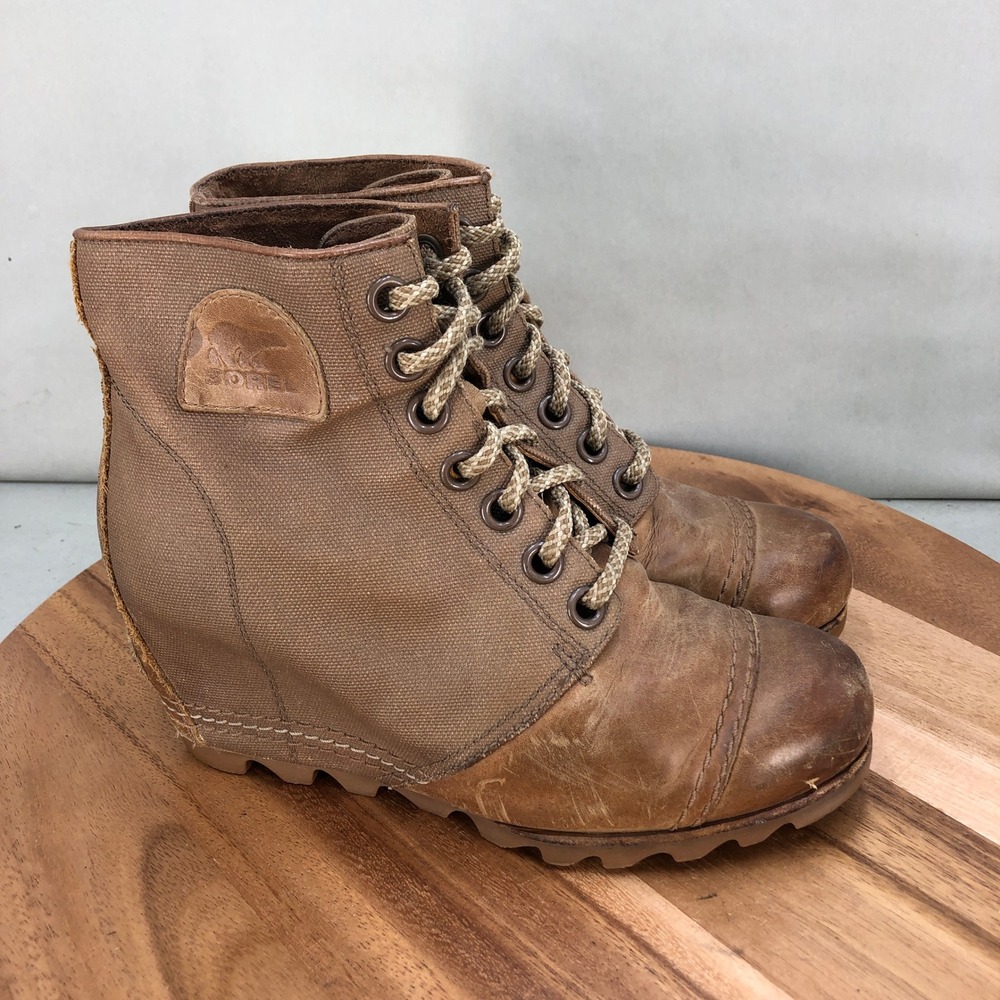Sorel PDX Womens Wedge Ankle Boots Tan Leather Lace Up Casual Size 8